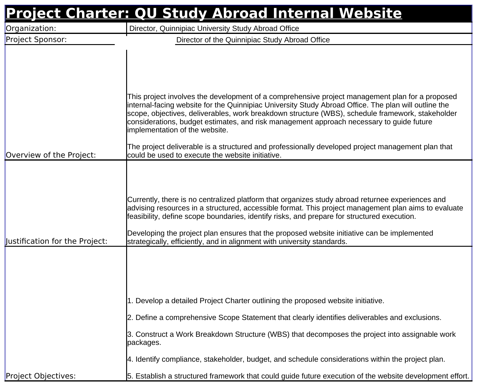 Project Charter for the QU Study Abroad Internal Website, showing organization, overview, justification, and objectives